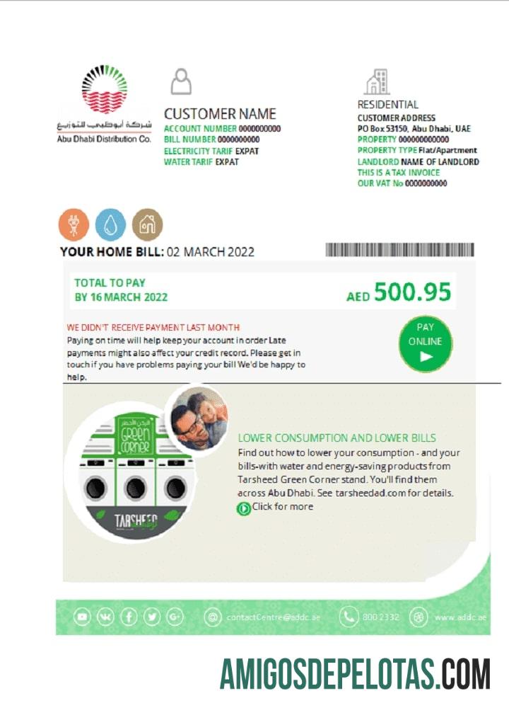 Para baixar modelo de conta de serviços públicos dos Emirados Árabes Unidos Abu Dhabi Distribution Co. em formato Word e PDF